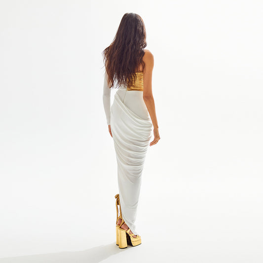 White and Gold Spicling One Sleeve Dress