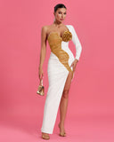 Gold-rose Detail High Slit Medusa Maxi Dress