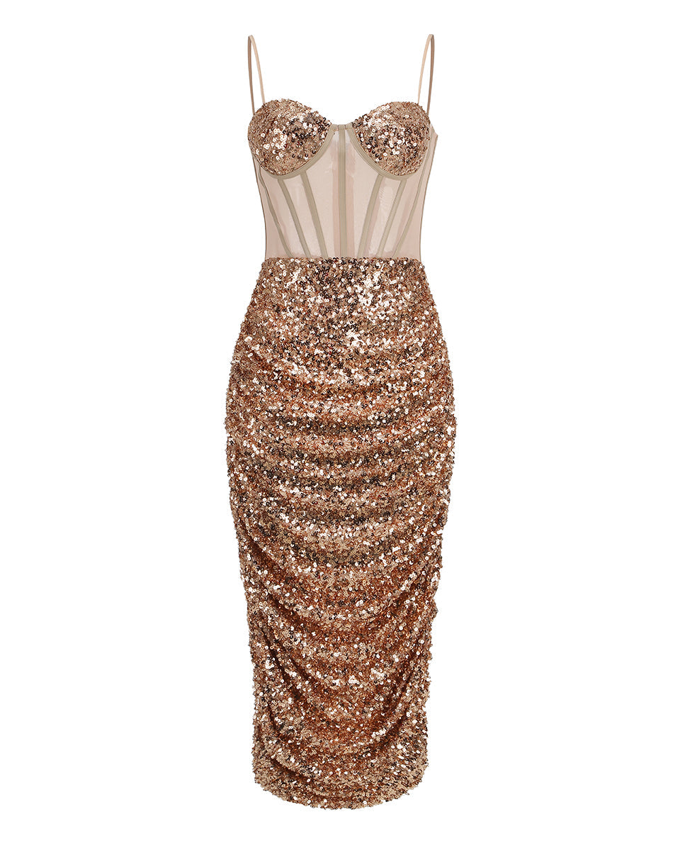 Strappy Sequin Corset Midi Dress