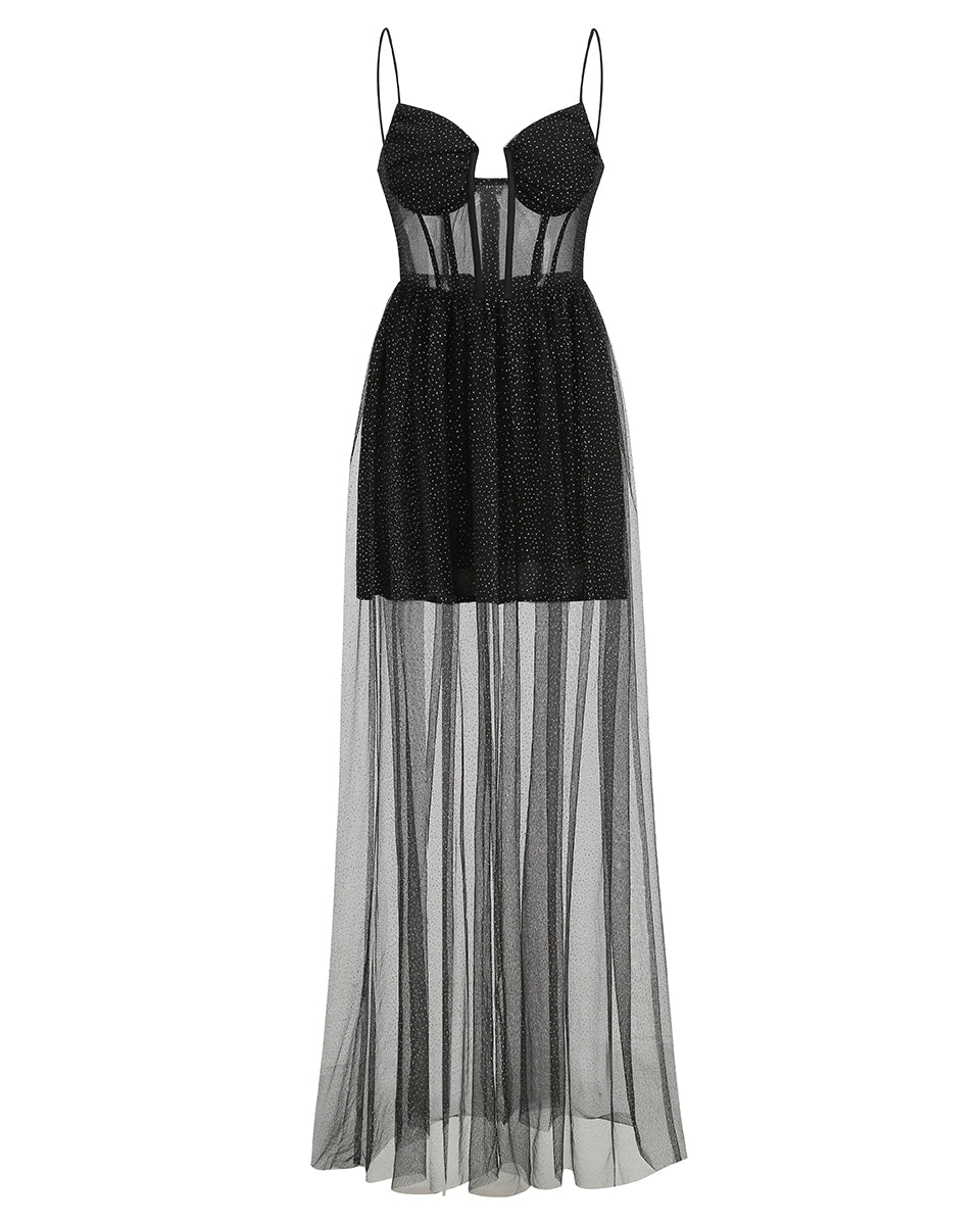 Draped Rhinestone Tulle Corset Maxi Dress