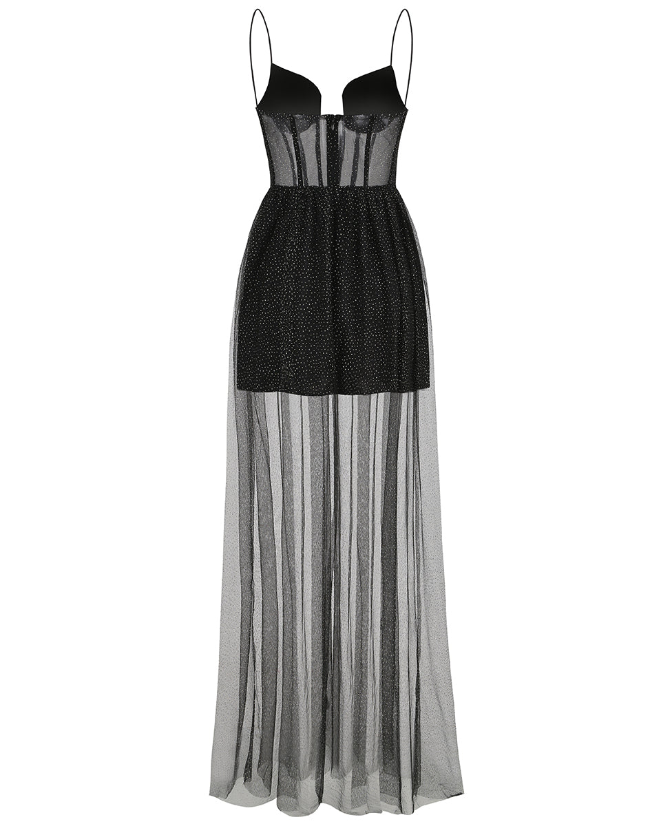 Draped Rhinestone Tulle Corset Maxi Dress