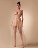 Draped Rhinestone Tulle Corset Maxi Dress