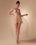 Draped Rhinestone Tulle Corset Maxi Dress