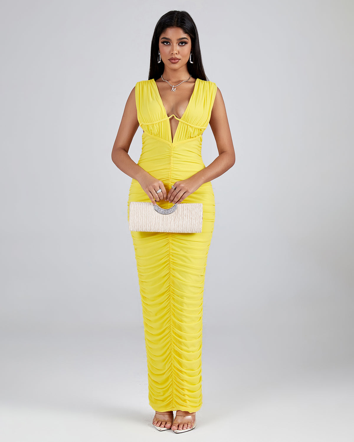 V Neck Sleeveless Ruched Maxi Dress