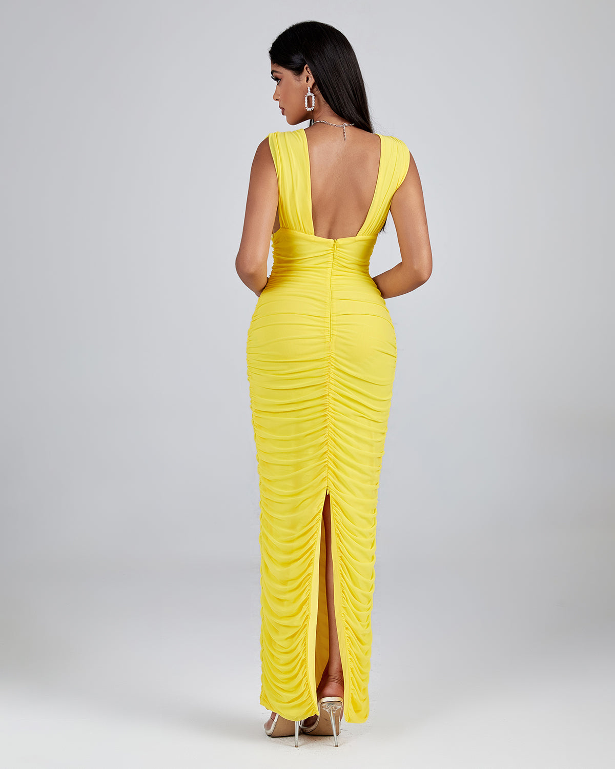 V Neck Sleeveless Ruched Maxi Dress