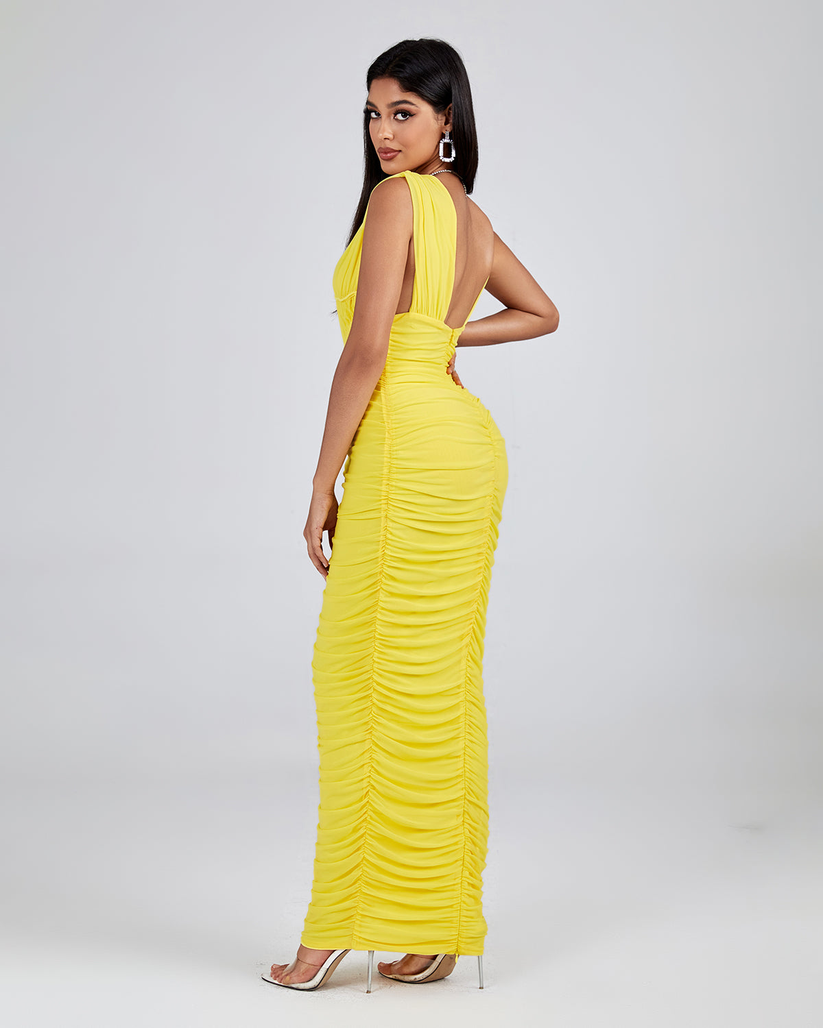 V Neck Sleeveless Ruched Maxi Dress