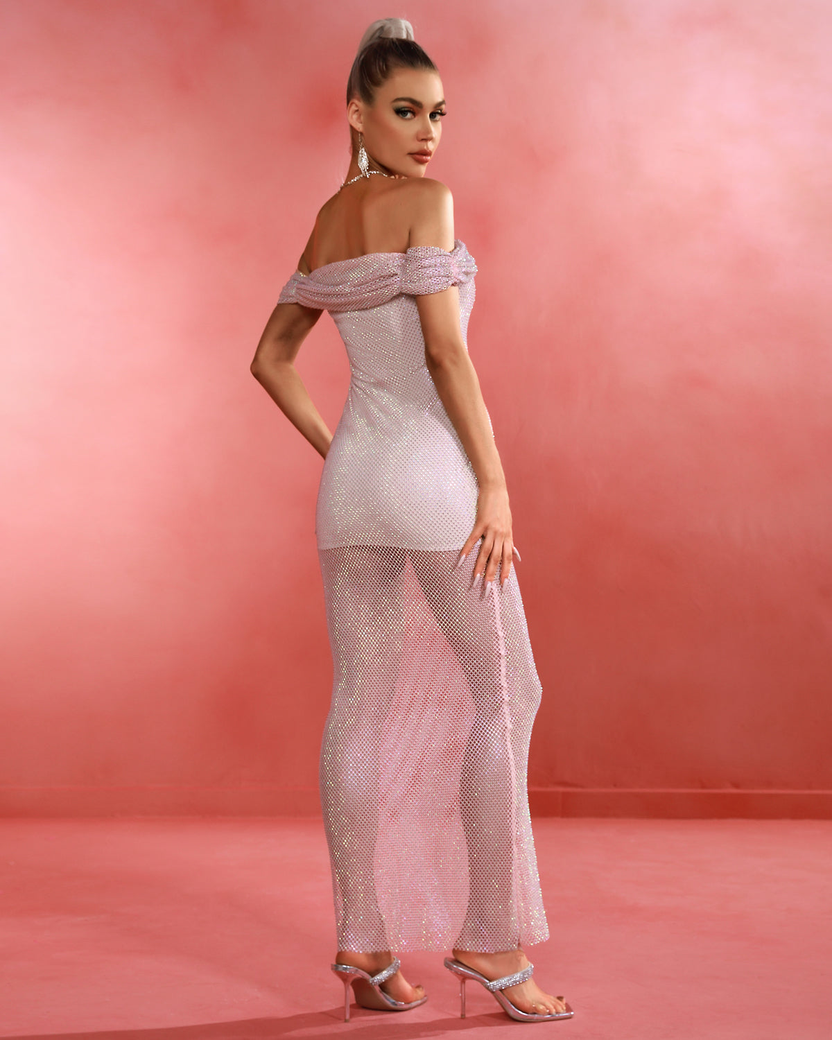 Off Shoulder Tan Rhinestone Fishnet Maxi Dress
