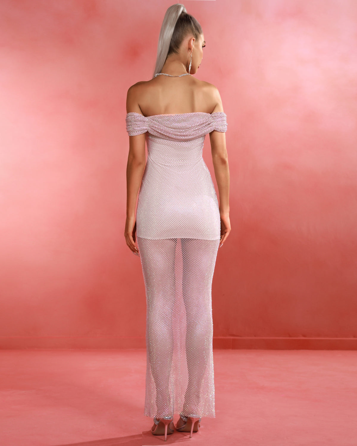 Off Shoulder Tan Rhinestone Fishnet Maxi Dress