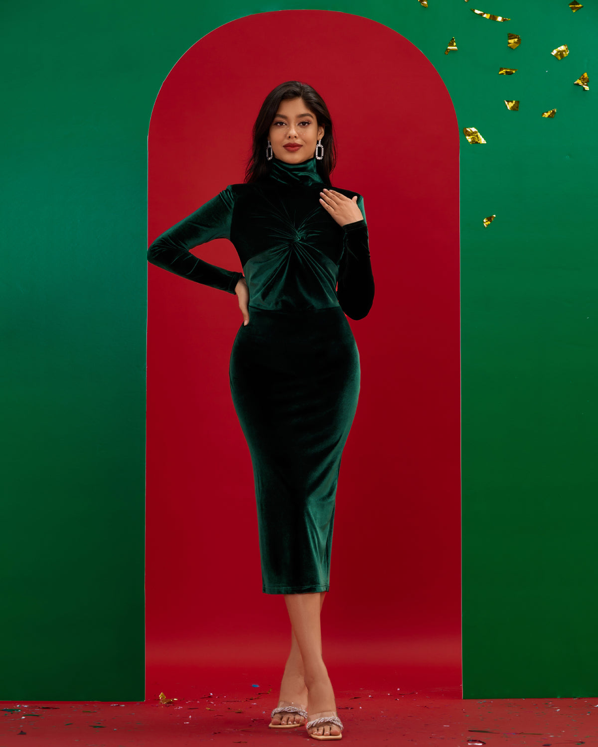 Velvet High-neck Midi Bodycon Dress