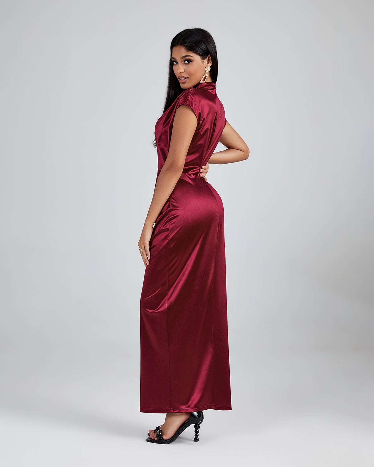 Burgundy High Neck Split Maxi Dress