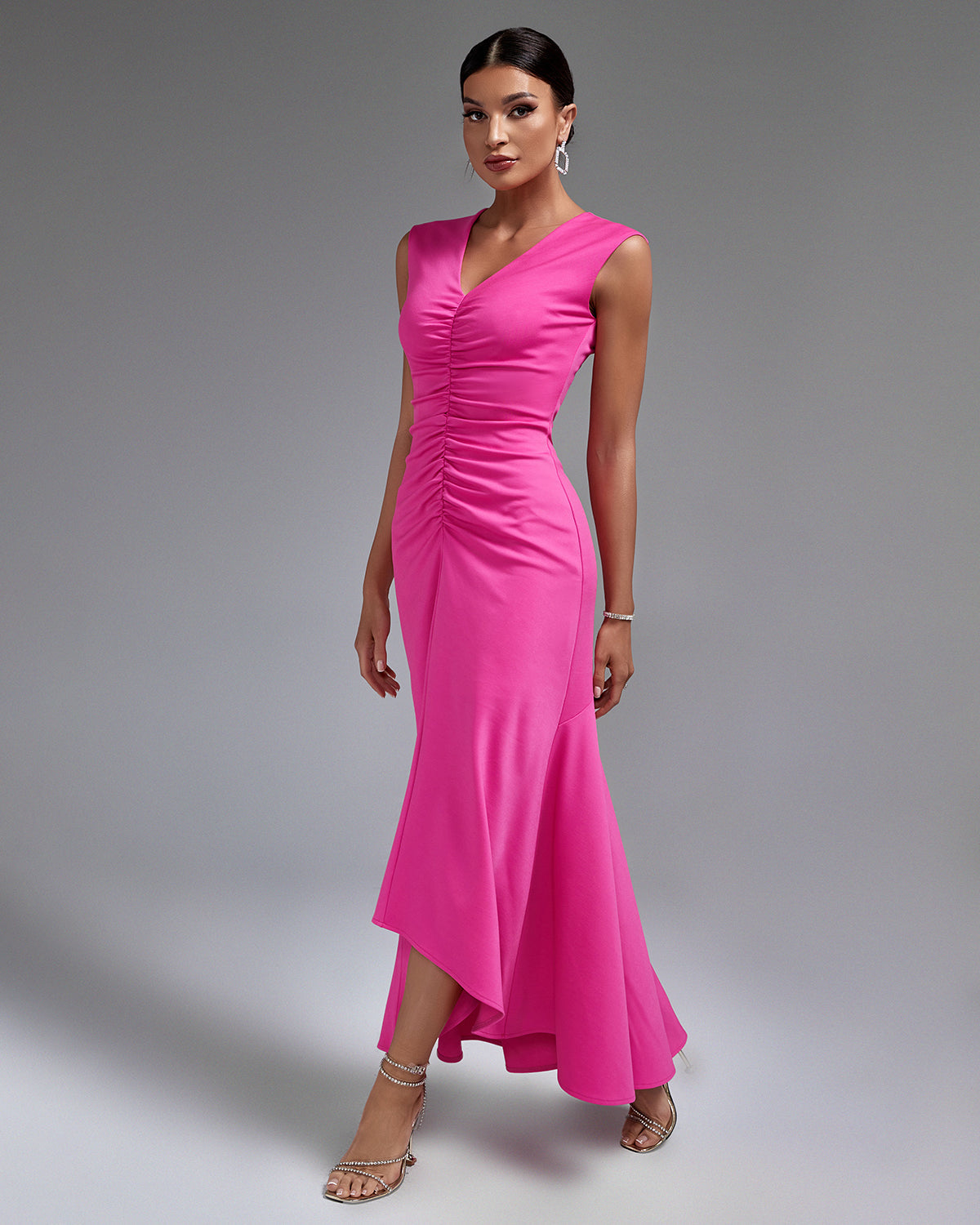 V-neck Fishtail Frill Maxi Dress