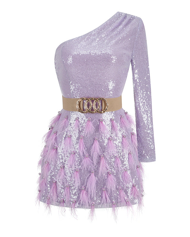 One Shoulder Sequins&Feather Cocktail Dress