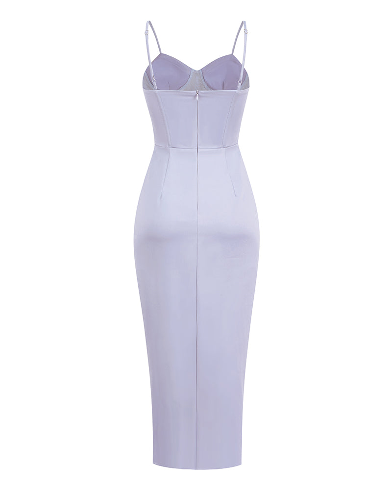 Strappy Satin Corset Ruched Midi Dress
