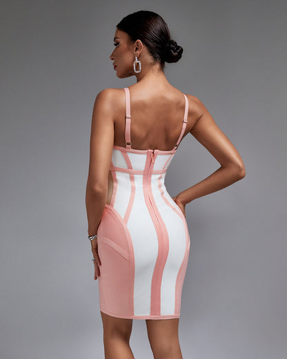 Pink Stripe Backless Bandage Dress