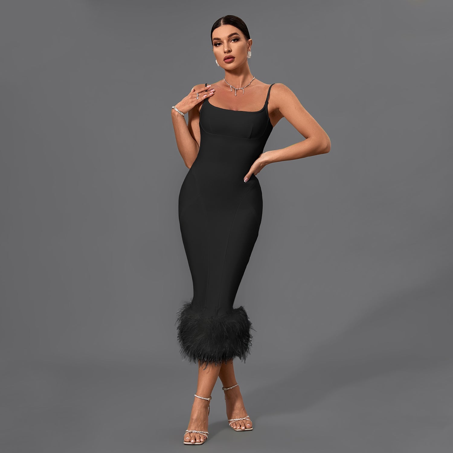 Strappy Feather Midi Bandage Dress