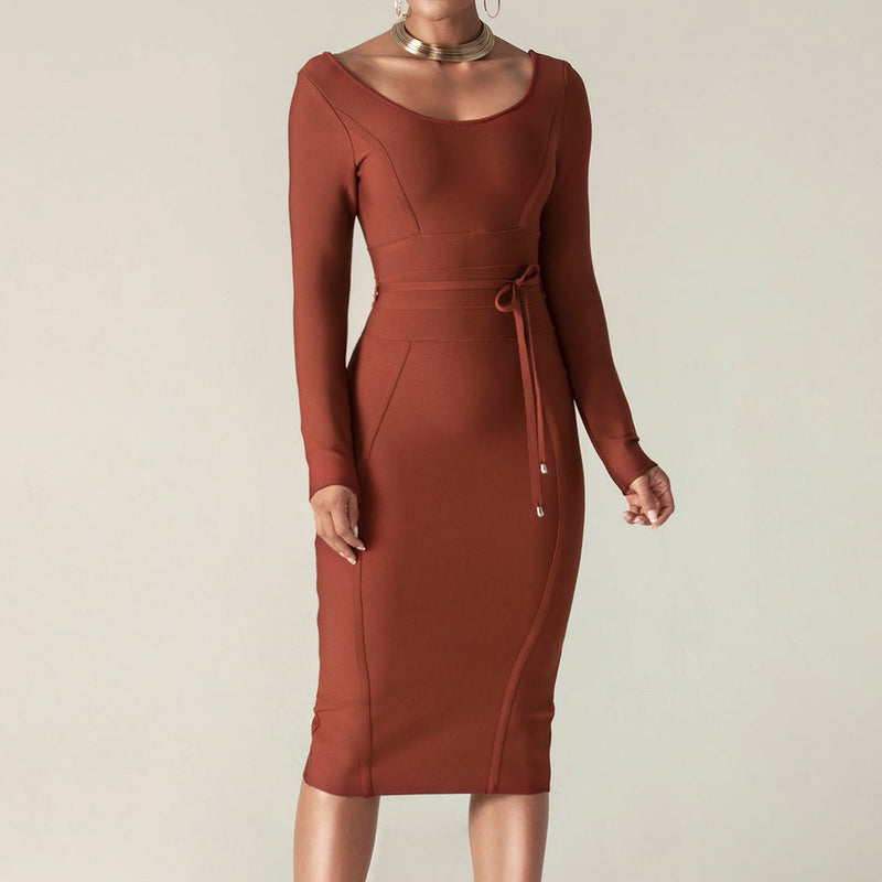 Round Neck Long Sleeve Tie Midi Bandage Dress PP21612