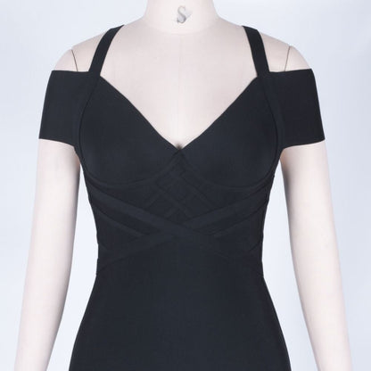 V Neck Mid Sleeve Striped Over Knee Bandage Dress PF19089 75 in wolddress