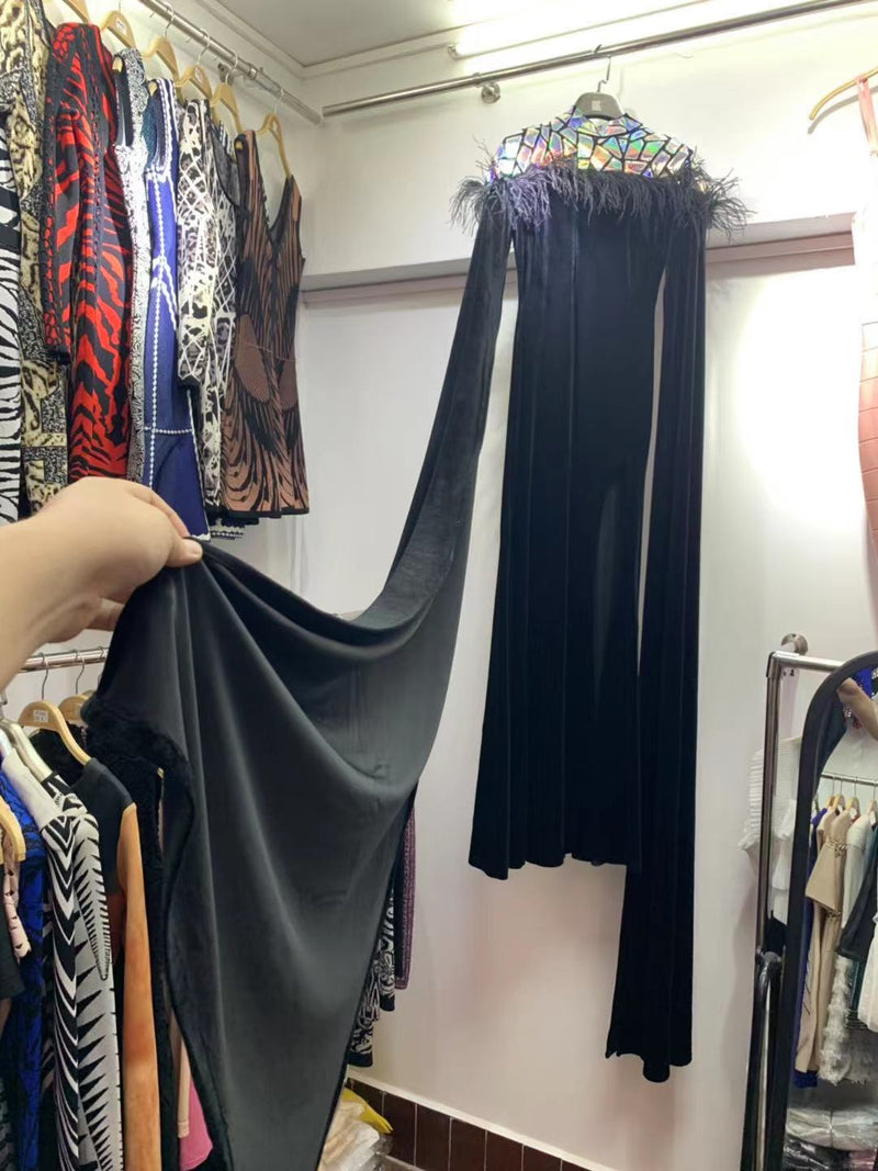High Neck Long Sleeve Mirrors Crystals Maxi Prom Dress HT2500