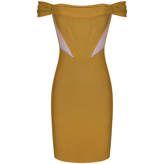 Off Shoulder Short Sleeve Striped Bandage Dress PF21122