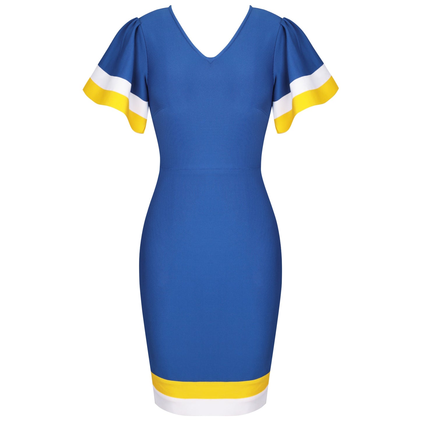 Blue V Neck Short Sleeve Frill Over Knee Bandage Dress PP091911
