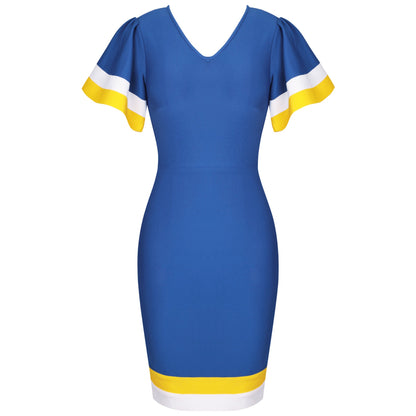 Blue V Neck Short Sleeve Frill Over Knee Bandage Dress PP091911