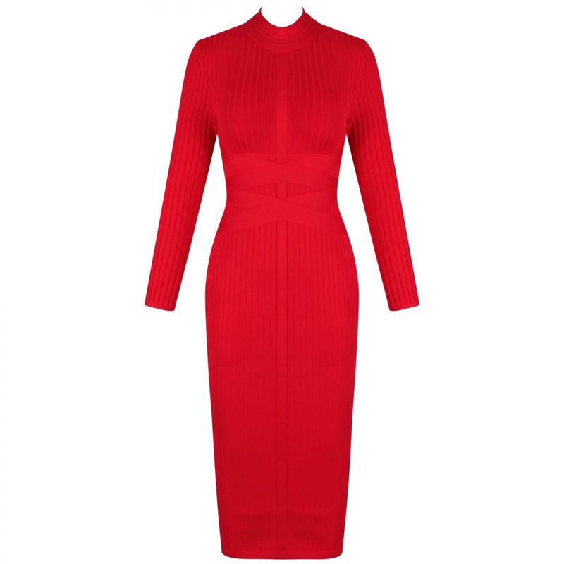 Round Neck Long Sleeve Striped Over Knee Bandage Dress PF1201 16 in wolddress