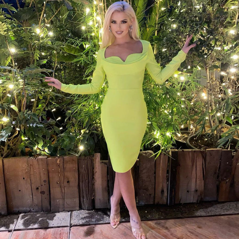 Square Collar Long Sleeve Plain Midi Bandage Dress PP21704