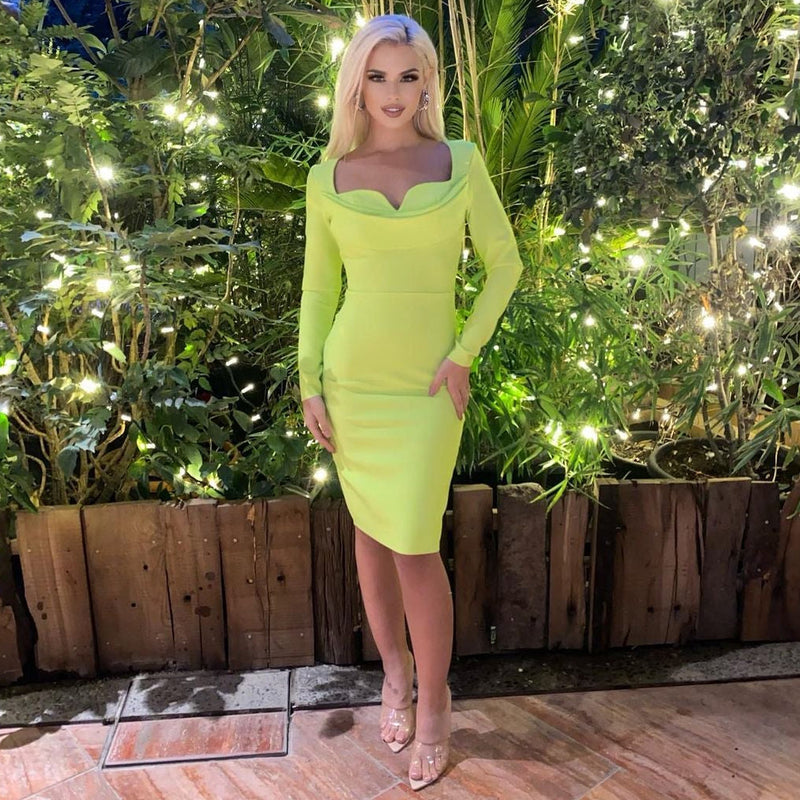 Square Collar Long Sleeve Plain Midi Bandage Dress PP21704