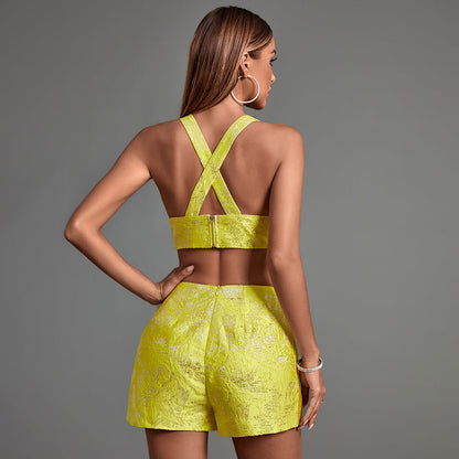 Yellow Jacquard Plunge Neckline Shorts Suit FP22044