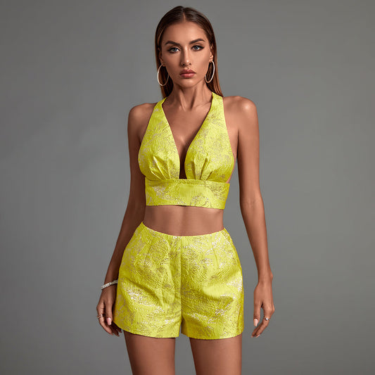 Yellow Jacquard Plunge Neckline Shorts Suit FP22044