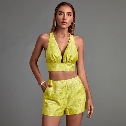 Yellow Jacquard Plunge Neckline Shorts Suit FP22044
