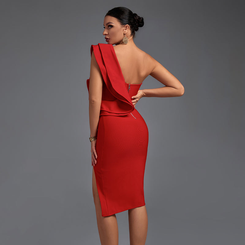 One Shoulder Sleeveless Frill Over Knee Bandage Dress PM1205