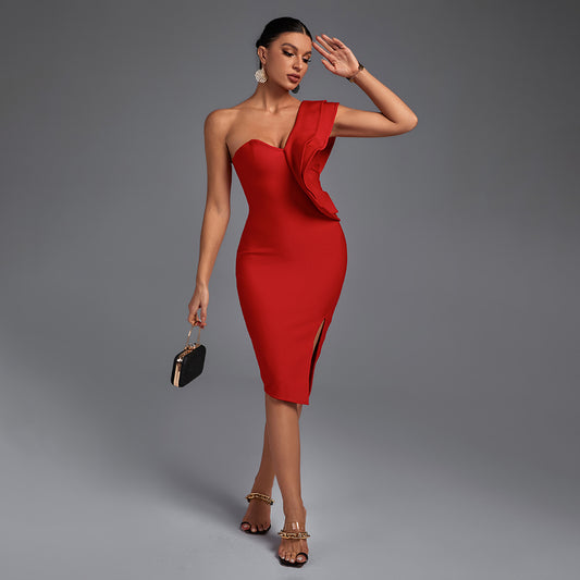 One Shoulder Sleeveless Frill Over Knee Bandage Dress PM1205
