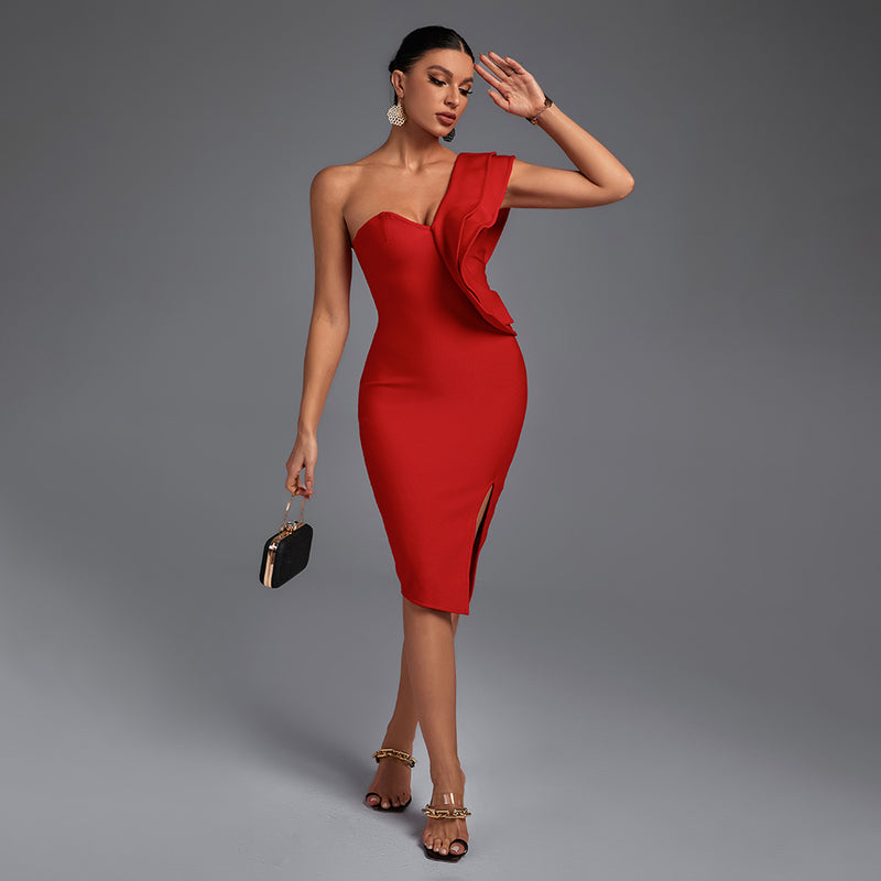 One Shoulder Sleeveless Frill Over Knee Bandage Dress PM1205