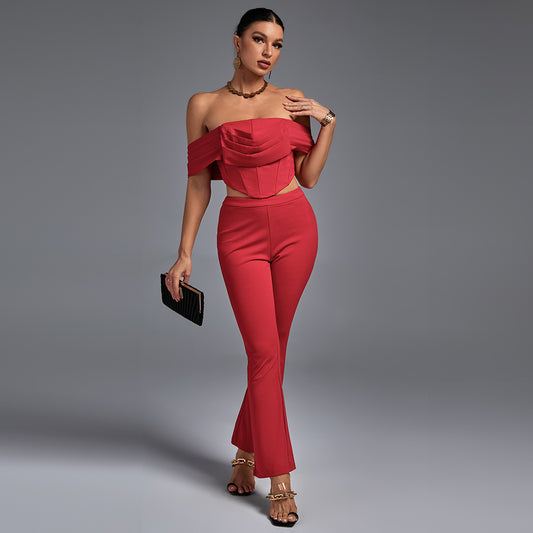 Off Shoulder Short Sleeve Frill Bodycon Set ML0717