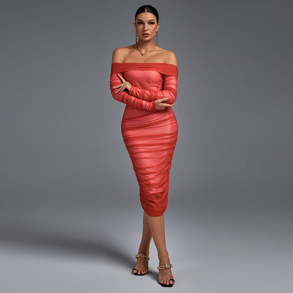 Off Shoulder Long Sleeve Ruched Mini Bodycon Dress FSP19054