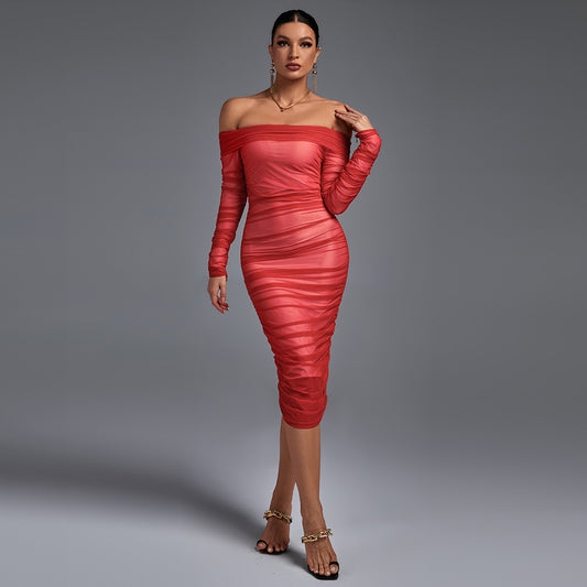 Off Shoulder Long Sleeve Ruched Mini Bodycon Dress FSP19054