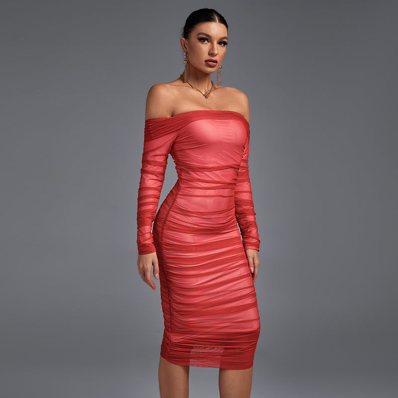 Off Shoulder Long Sleeve Ruched Mini Bodycon Dress FSP19054