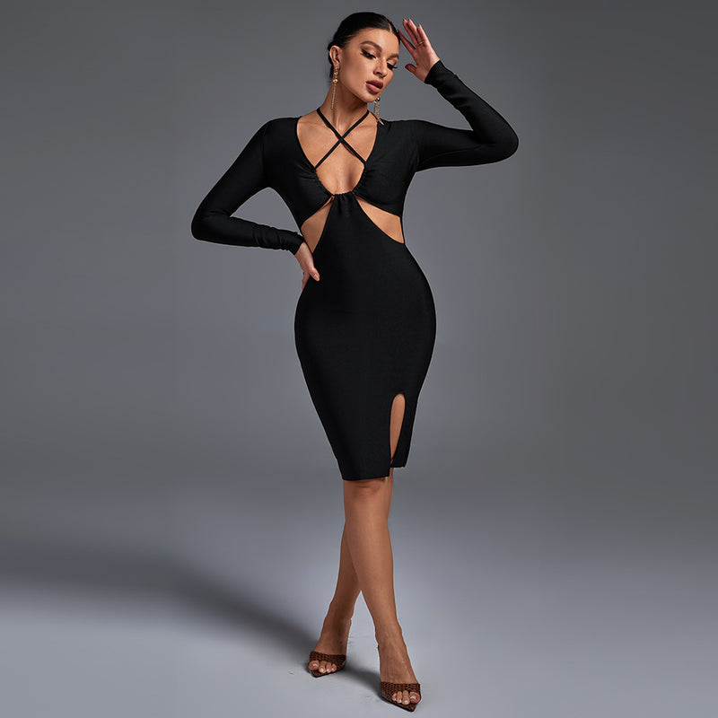 Black Halter Long Sleeve Hollow out Midi Bandage Dress PP21832