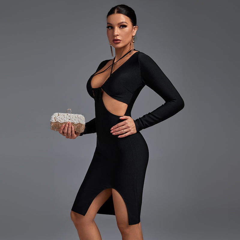 Black Halter Long Sleeve Hollow out Midi Bandage Dress PP21832