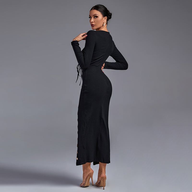 Round Neck Long Sleeve Lace Up Over Knee Bodycon Dress FSP19270