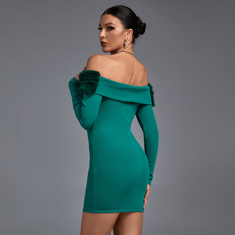 Off Shoulder Long Sleeve Hairy Mini Bandage Dress PF19235
