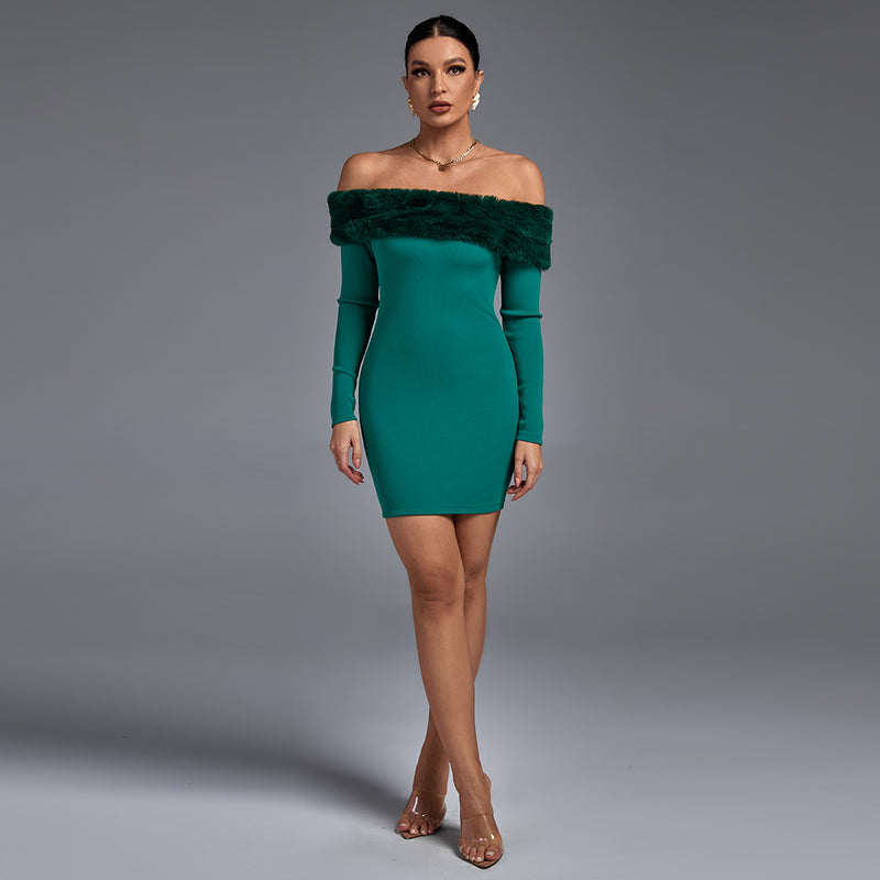 Off Shoulder Long Sleeve Hairy Mini Bandage Dress PF19235