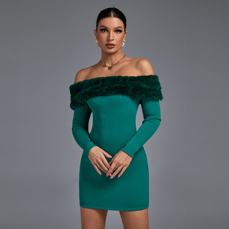 Off Shoulder Long Sleeve Hairy Mini Bandage Dress PF19235