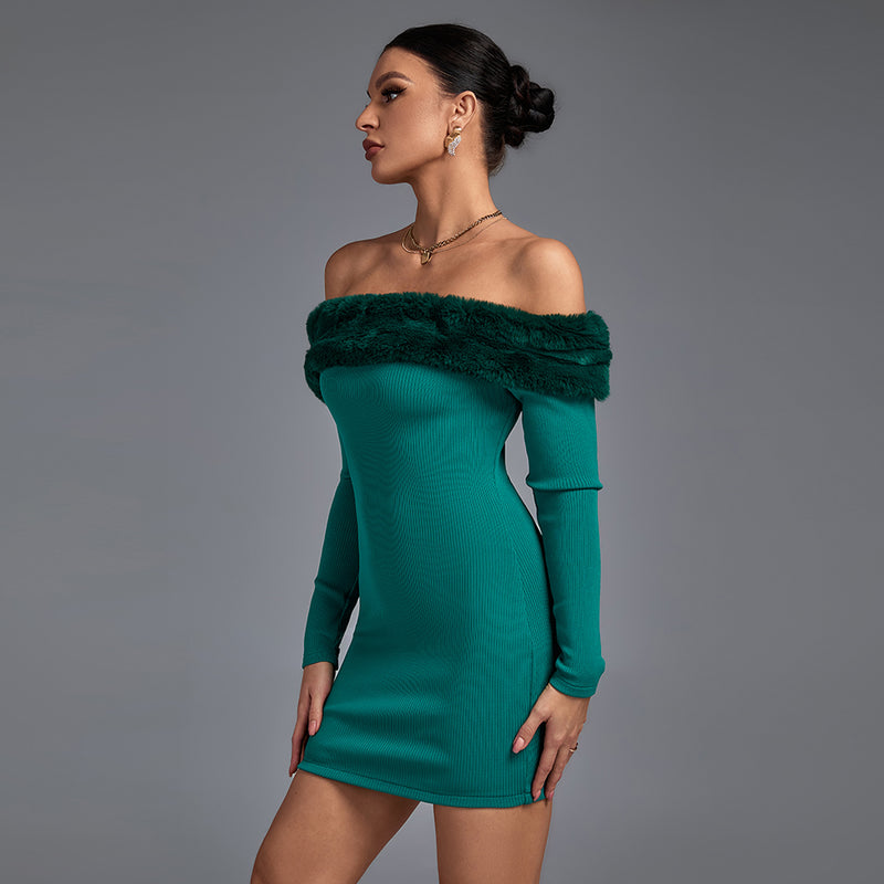 Off Shoulder Long Sleeve Hairy Mini Bandage Dress PF19235