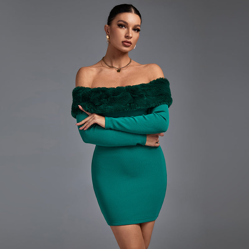 Off Shoulder Long Sleeve Hairy Mini Bandage Dress PF19235