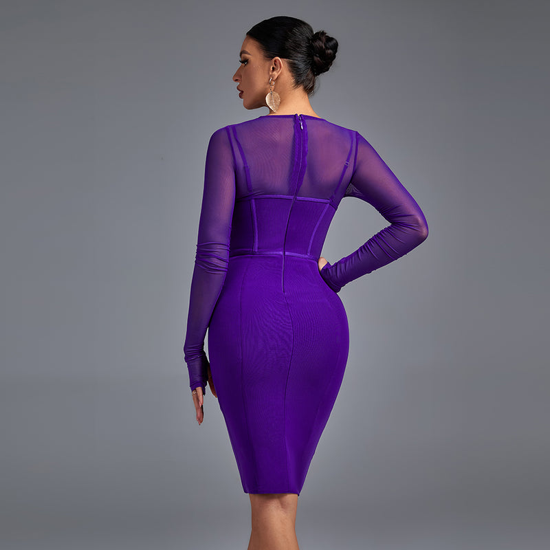 Long Sleeve Cut Out Mesh Bandage Dress PP211028