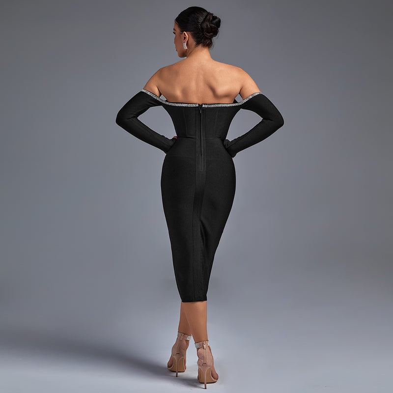 Black Off Shoulder Long Sleeve Rhinestone Midi Bandage Dress PP21120601