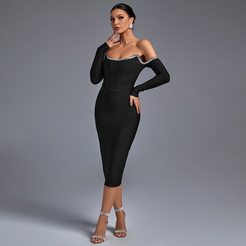 Black Off Shoulder Long Sleeve Rhinestone Midi Bandage Dress PP21120601