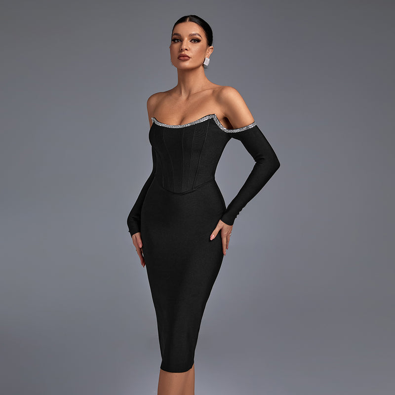 Black Off Shoulder Long Sleeve Rhinestone Midi Bandage Dress PP21120601